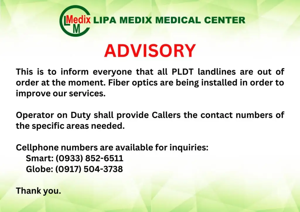 Advisory notice from Lipa Medix about landline outage with alternative contact numbers.