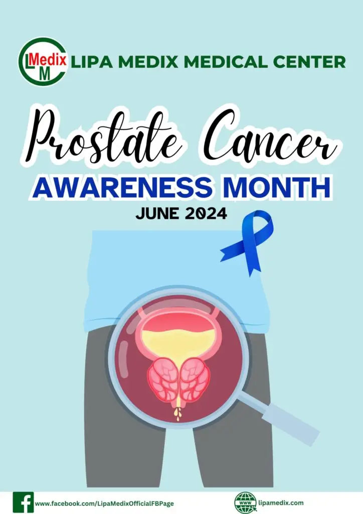 Prostate Cancer Awareness Month poster with blue ribbon and prostate illustration.